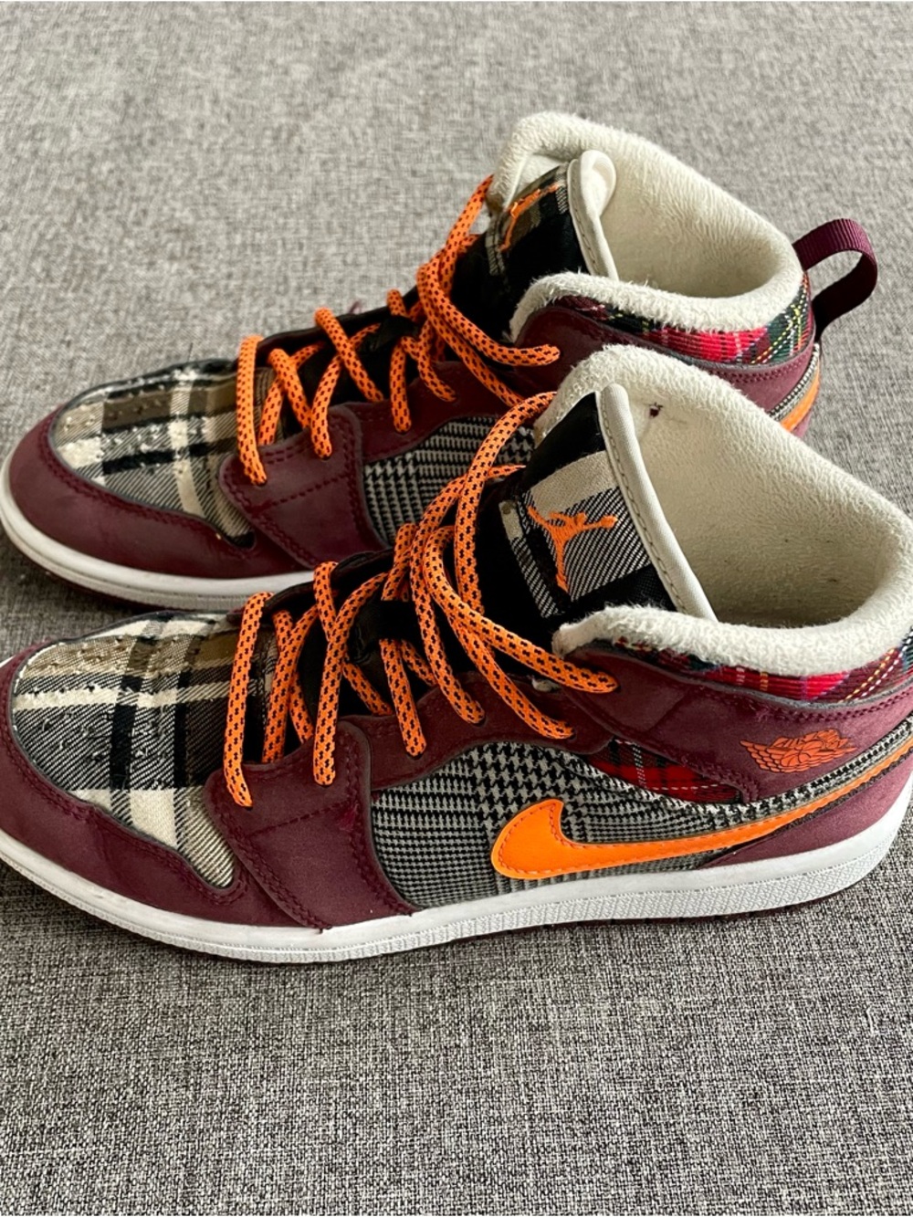 Nike Air Jordan Kids Maroon Plaid High-Top Sneakers with Orange Accents
